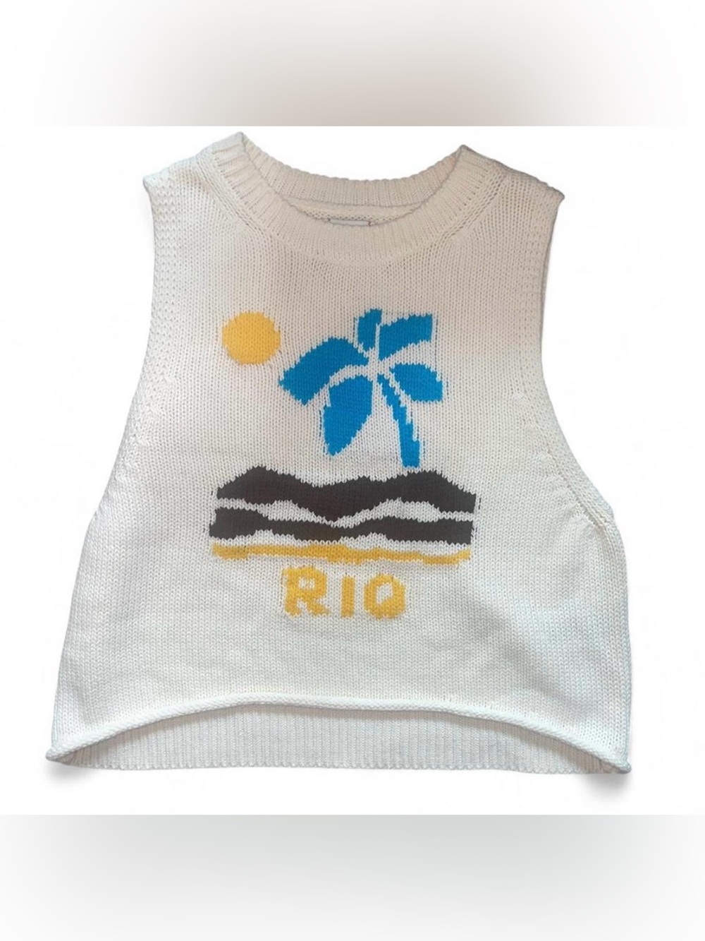BDG Ivory knit destination top sweater vest beach vacation Rio graphic S NWOT